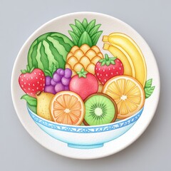 Watercolor Illustration of a Colorful Fruit Bowl