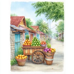 Watercolor Painting of Fruit Cart on a Quaint Street