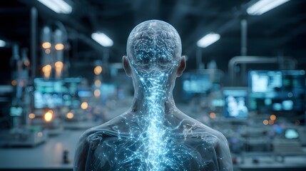 Human anatomy with connected neural networks against a blurred laboratory background