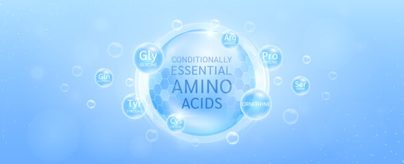 Conditionally essential amino acids for the body. Amino acid in transparent hexagonal dome with surrounding Threonine Lysine Valine Isoleucine. Science medical concept. Vector.