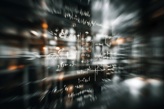 Blurred Abstract Math Equations in Dark Interior, Focus on Learning, motion blur Business concept, motion bokeh background