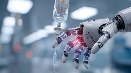 Robotic hand administering IV drip, highlighting medical technology and automation advancements