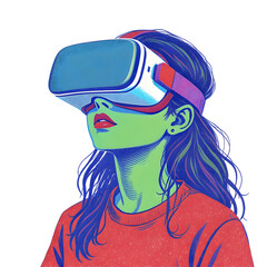 Pixelated Young Woman Wearing VR Headset in Teal and Red Tones Immersed in Virtual Reality Experience Against a Transparent Background