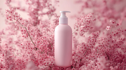 White lotion bottle among pink flowers on pastel background