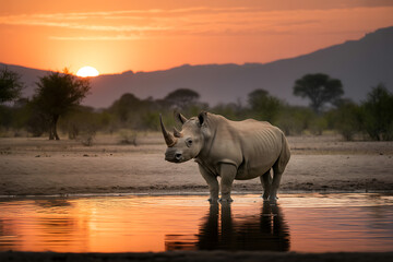 Rhino in waterhole at sunset africa wildlife photography safari adventure