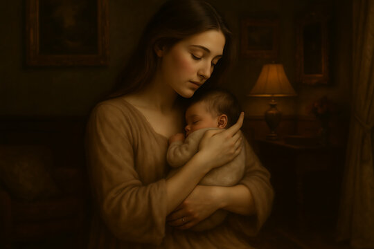 Emotional embrace of mother and baby in softly lit interior artwork symbolizing nurturing connection for world breastfeeding week motherhood awareness painting style