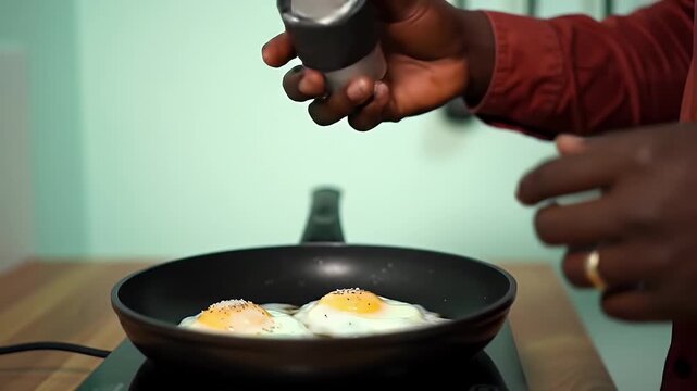 Seasoning Two Sunny Side up Eggs with Salt in a Dark Pan in a Kitchen with Light Green Background