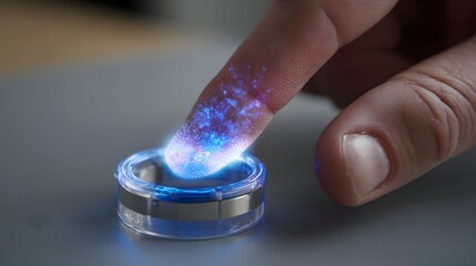 Finger scans futuristic ring with glowing blue light for access control and authentication