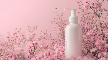 White lotion bottle among pink flowers on pastel background