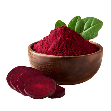 Beetroot powder in wooden bowl with fresh beet slices and green leaves isolated on transparent background