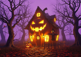 Halloween pumpkin house spooky scene background wallpaper october autumn holiday trick or treat season 3d render