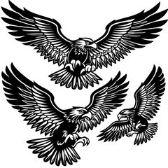 Three stylized eagles in flight vector design