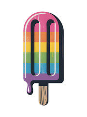 Retro Rainbow Popsicle with Dripping Texture on Transparent Backdrop Featuring Vibrant Stripes and Rustic Wood Stick Perfect for Summer Treats Design