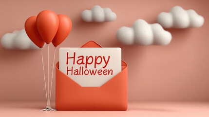 Happy Halloween Greeting with Red Envelope, Balloons, and Clouds in Minimalist Setting