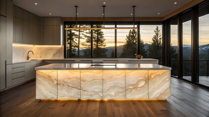 Modern Luxury Kitchen with Backlit Onyx Island and Mountain View at Sunset
