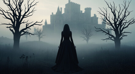 Dark fantasy woman silhouette in misty landscape with castle trees and gothic atmosphere illustration