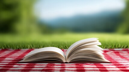 open paperback book with pages fluttering in the breeze on a picnic blanket in the park