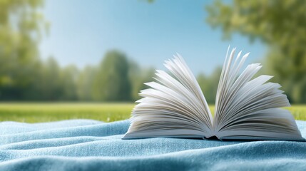 open paperback book with pages fluttering in the breeze on a picnic blanket in the park