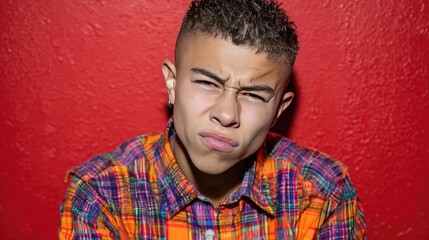 Fototapeta premium Young Man in Vibrant Plaid Shirt Posing Against Red Wall with Intense Expression