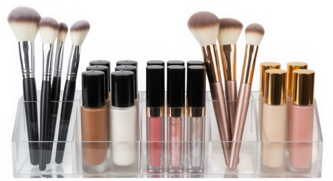 Makeup brushes and cosmetics in organizer isolated on transparent background