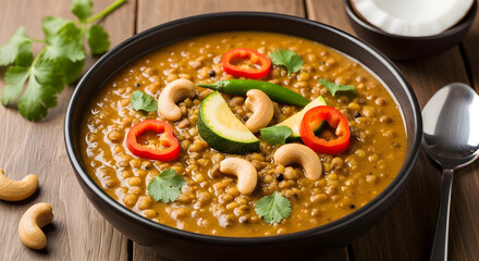 Delicious vegan lentil curry with cashew nuts and fresh cilantro garnish, a healthy and flavorful meal that is perfect for a cozy dinner or restaurant menu creation