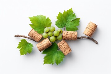Grape shaped wine corks and vine on a white background viewed from above