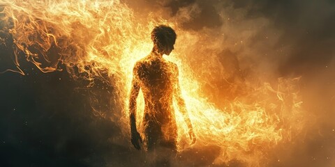 Obraz premium A mystical scene where a human figure is slowly dissolving into flames
