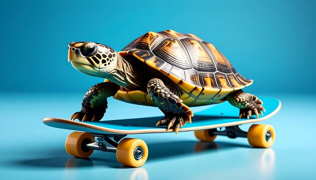 Turtle on skateboard, vibrant colors