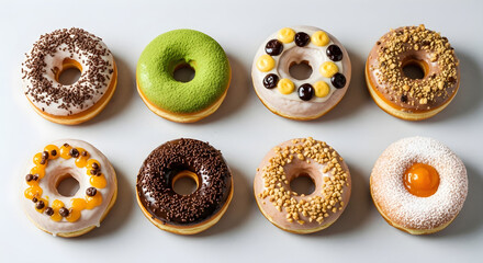Indulge in freshly baked donuts with vibrant glazes and tempting toppings, perfect for a sweet treat, cafe menu, or bakery advertisement, sure to satisfy any craving today