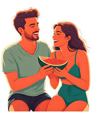 Smiling Couple Sharing a Slice of Watermelon in Teal and Coral Colors with Transparent Background Perfect for Summer Designs and Fun Illustrations