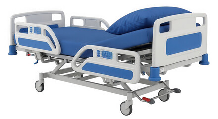 Adjustable hospital bed with blue mattress isolated on transparent background