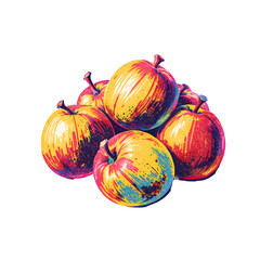 Stylized Apples with Retro Pixel Art Rendering on Transparent Backdrop in Blue Yellow and Red Hues