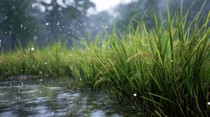 Raindrops Falling on Lush Green Rice Plants by a Gentle Stream Amidst a Serene Natural Setting