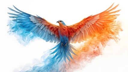 Vibrant Phoenix-Like Bird with Blue and Orange Feathers in Colorful Smoke