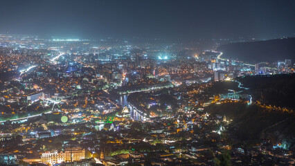Aerial night timelapse of Rike Park, a modern urban park in Tbilisi's Old Town. Georgia © HyperlapsePro