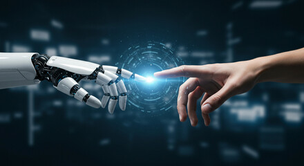 A futuristic image of a robotic hand reaching out to a human hand, symbolizes future technology. This blend of technology and humanity of the connection between human and robotic interactions. 