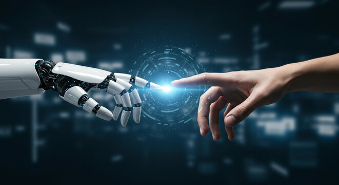 A futuristic image of a robotic hand reaching out to a human hand, symbolizes future technology. This blend of technology and humanity of the connection between human and robotic interactions. 