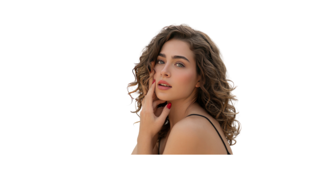 Beautiful Young Woman with Curly Hair and Red Nails