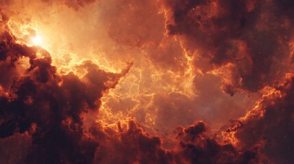 Fototapeta premium Fiery Nebula Displaying Brilliant Orange and Red Hues Against a Dark Cosmic Background in Vast Universe Showcasing Stellar Elements