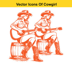 Fototapeta premium Cowgirl Playing Guitar – Western Line Art Vector Illustration