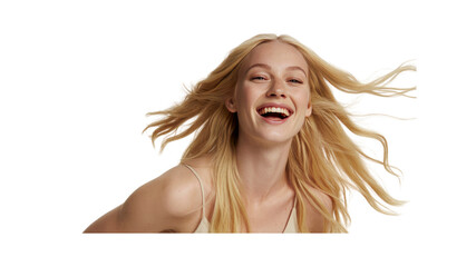Joyful Young Woman with Flowing Blonde Hair