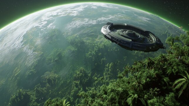 Futuristic spaceship above lush green planet with tropical vegetation and misty atmosphere at dawn in deep space exploration scene