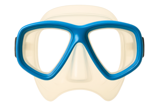 Underwater diving mask with blue frame and clear silicone skirt on a transparent background
