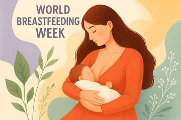Artistic woman breastfeeding baby with serene nature background for world breastfeeding week nurturing motherhood celebration health support awareness design