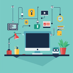 A flat vector illustration showing a modern work from home workplace concept for a creative business with connected technology.