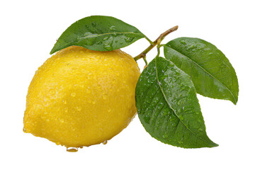 Fresh Yellow Lemon with Leaves and Water Drops, isolated on transparent background.