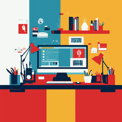 Flat vector business concept of a modern work from home workplace, showcasing a digital creative's desk with computer and supplies.