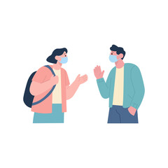  people wearing masks greet each other from a safe distance.