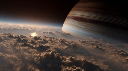 Planetary View of a Gas Giant with Dramatic Clouds and Atmospheric Layers in Outer Space