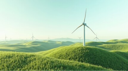 Wind Turbines on Green Hills with Soft Light, Renewable Energy